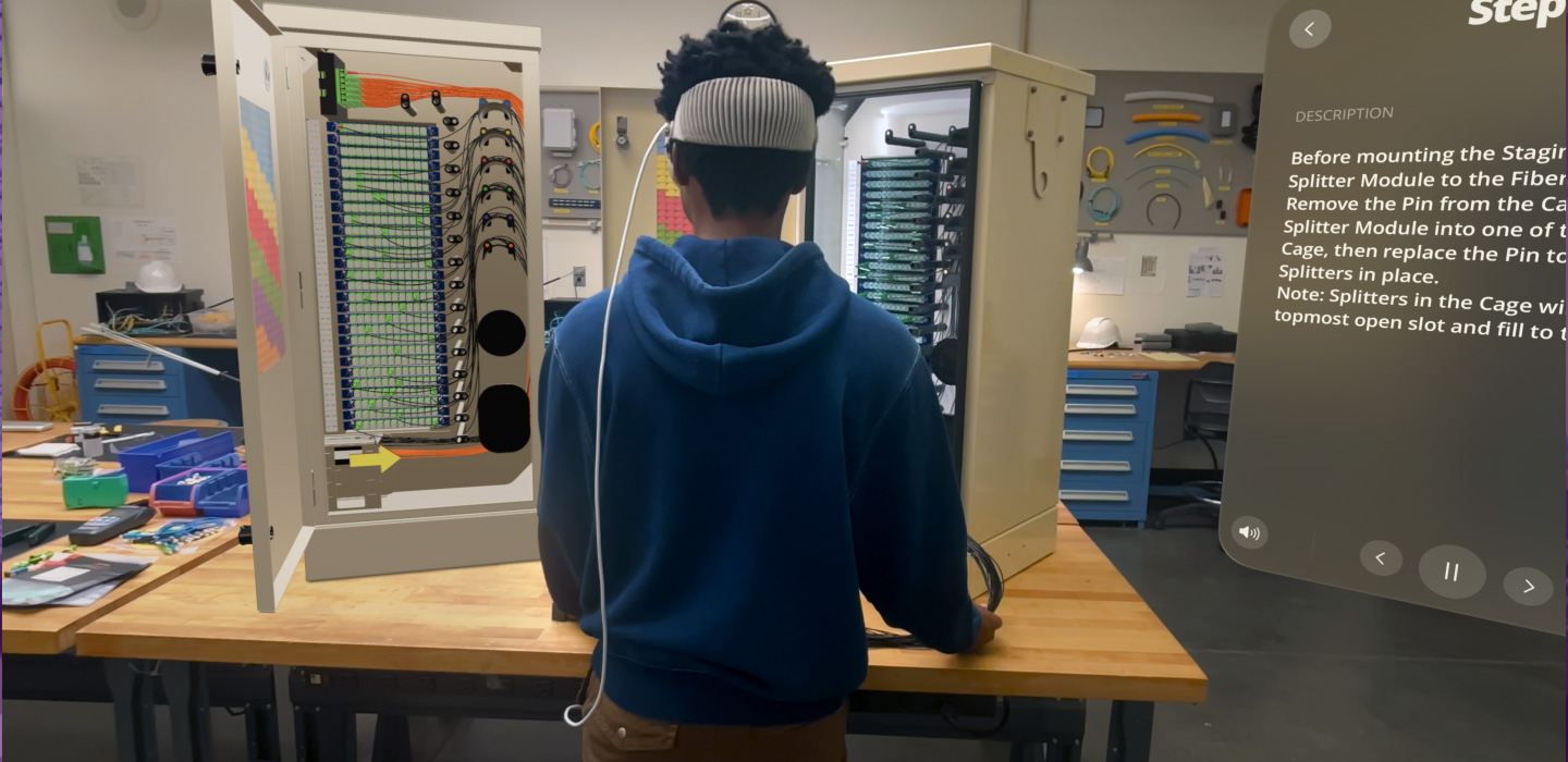 A technician using Apple Vision Pro at a workbench with physical equipment and spatial instructions
