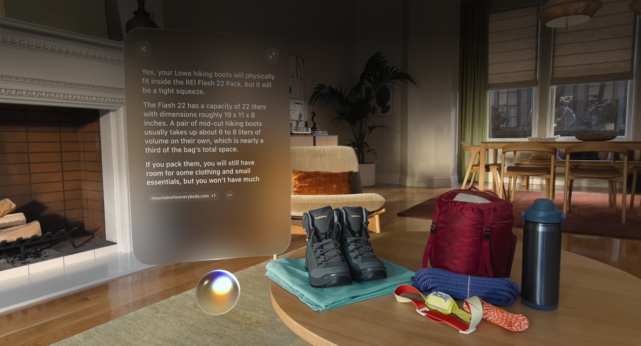 Siri’s spatial orb and response beside hiking equipment in a living room