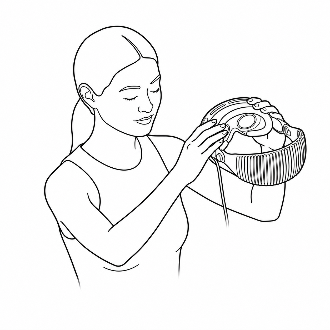 Person holding Vision Pro with their eyes closed