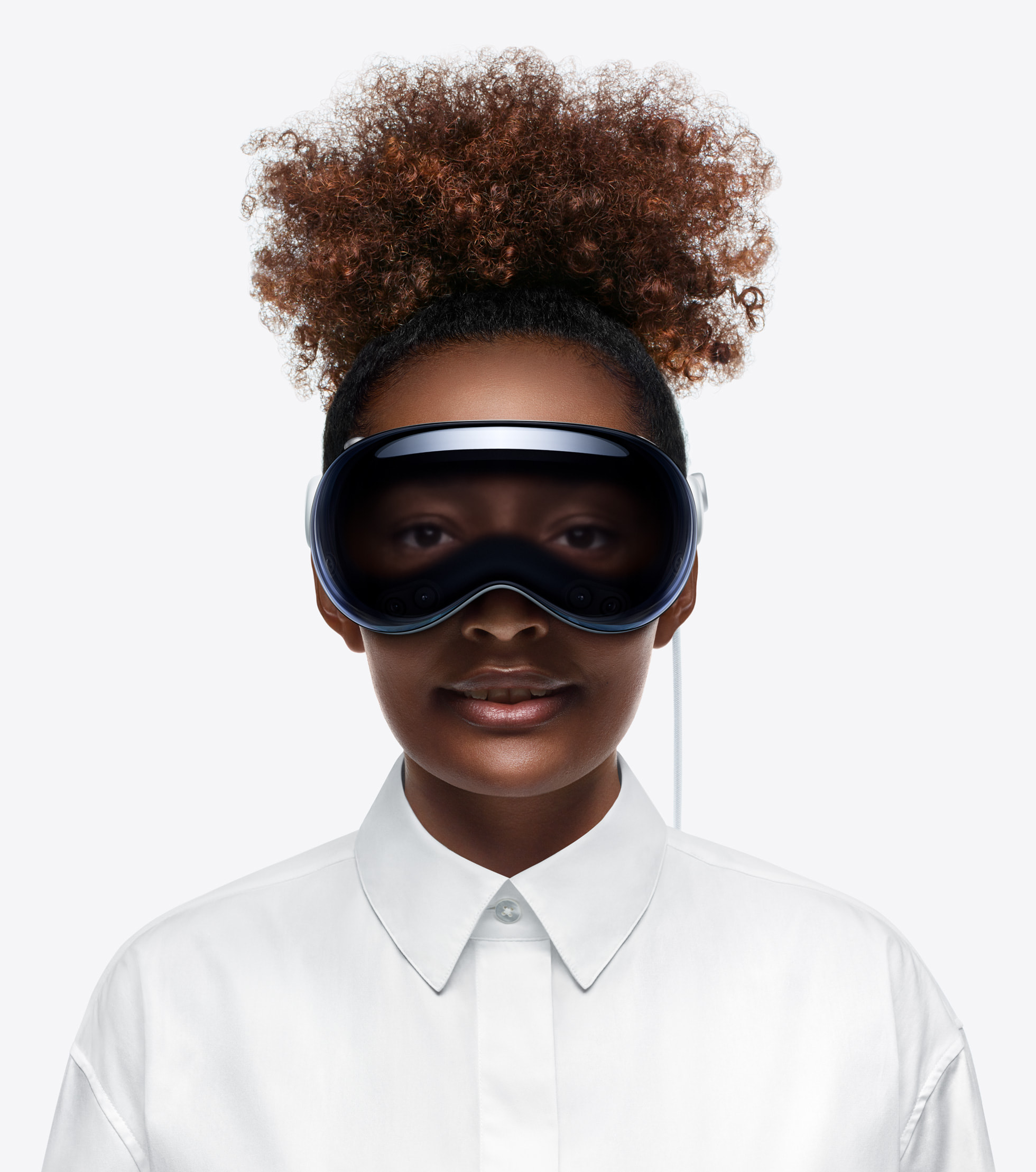 Person wearing Apple Vision Pro with EyeSight showing their eyes
